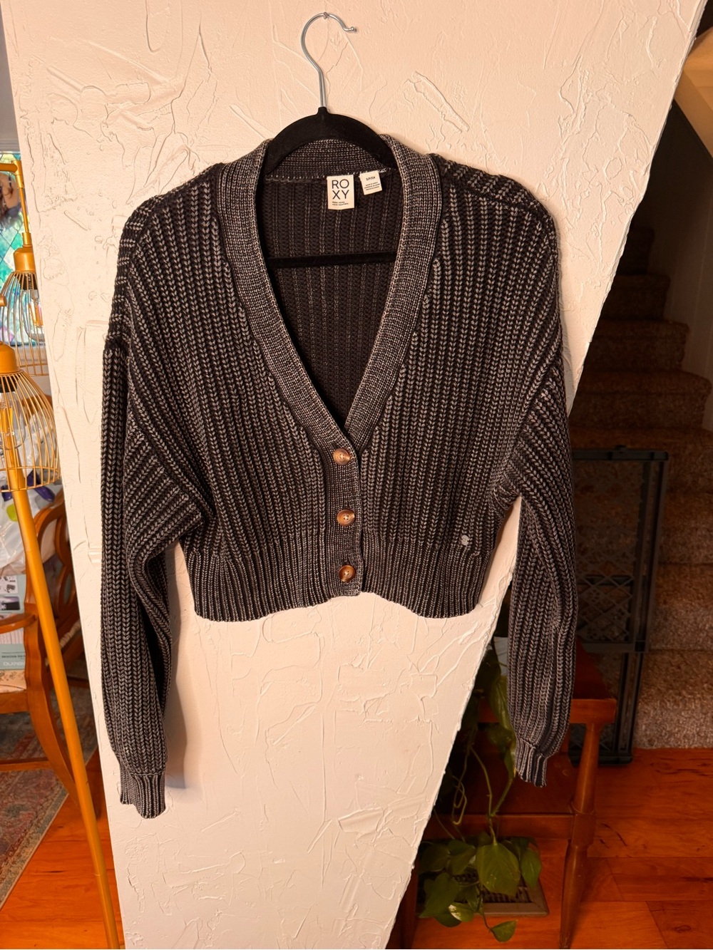 Roxy Women's Charcoal Gray Ribbed Cropped Cardigan